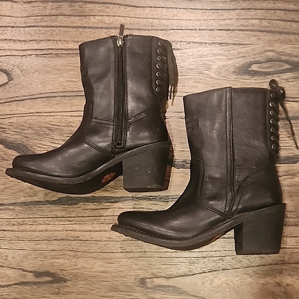 Harley Davidson Leather Black Boots Side Zip Lace Back Womens Size 5.5 - Picture 2 of 10